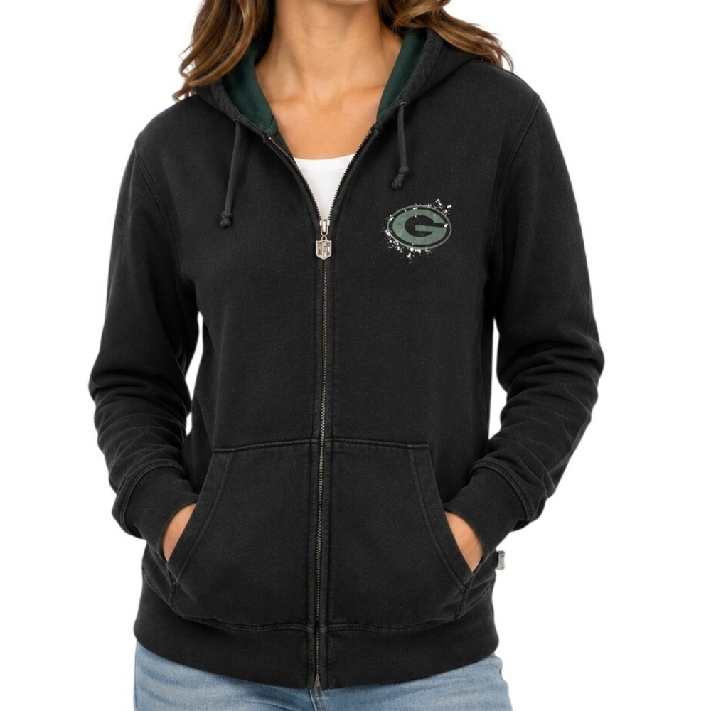 Green Bay Packers Vintage Black Splatter Logo Full Zip Hoodie Women's XL